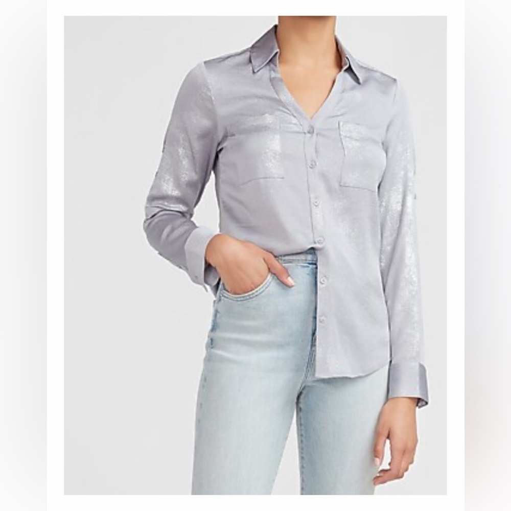 Express Slim Fit Metallic V Neck Portofino Shirt Light Gray w/ Silver Accents